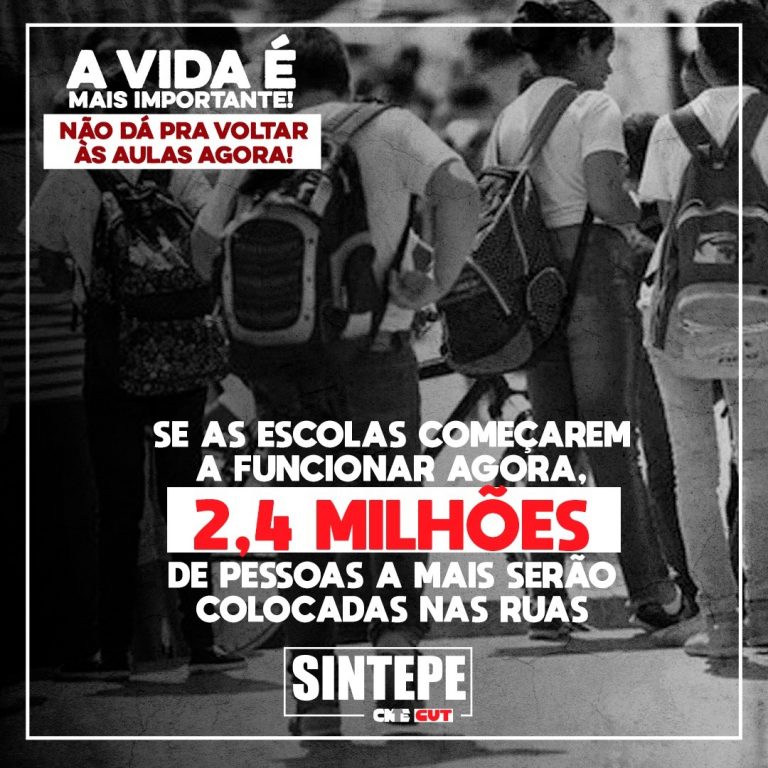 ‘Voltar às aulas, só com total segurança', defende Sintepe